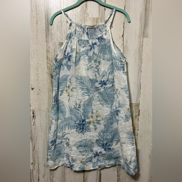 Lungo L’Arno Linen Blue and White Tropical Palm Tree Sleeveless A-Line Dress - Picture 3 of 6